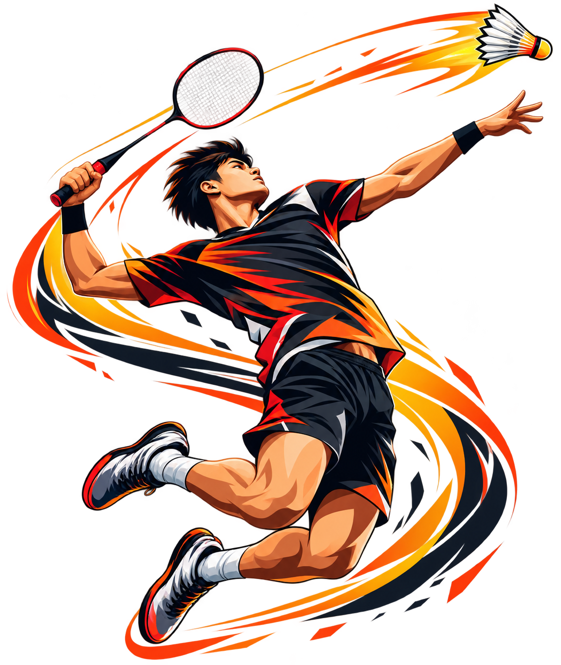 Badminton player jumping to smash a shuttlecock over the net